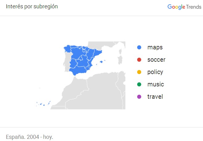 Gráfico y Mapa de tendencia de búsquedas temáticas en Google desde 2004 hasta la actualidad en España