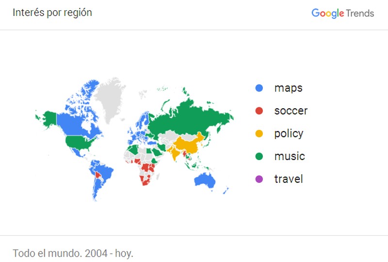 Mapa de tendencia de búsquedas temáticas en Google desde 2004 hasta la actualidad en el mundo
