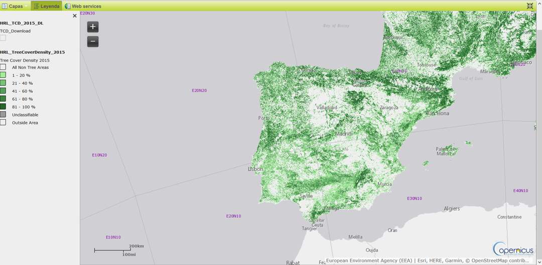 Mapa online de densidad de cobertura arbórea