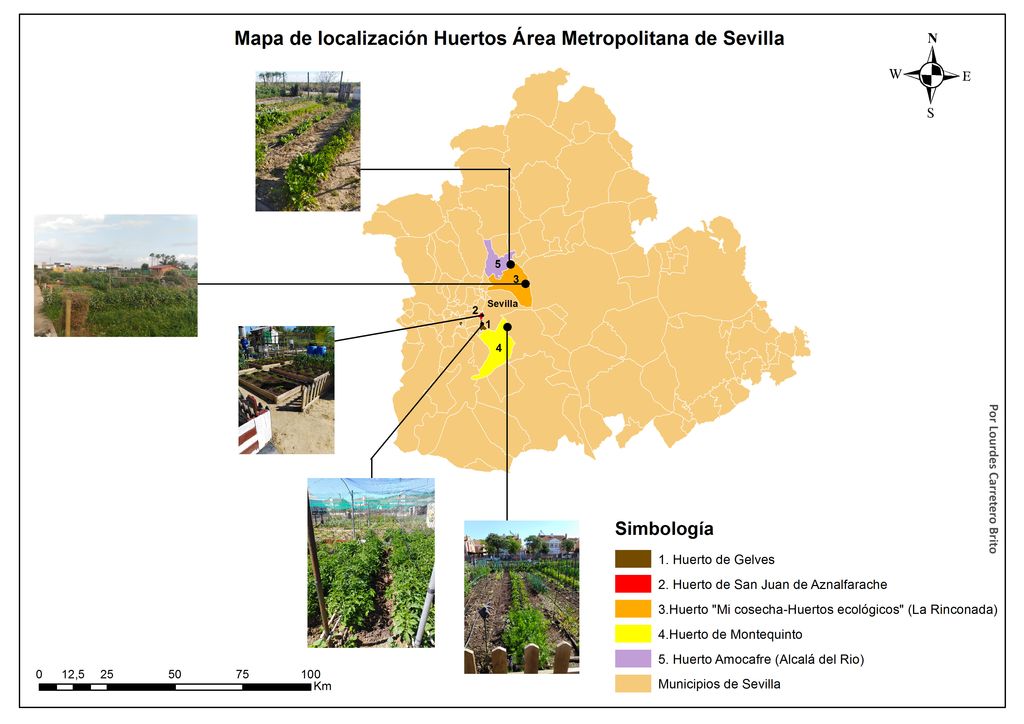 Mapa de localización de huertos urbanos en el Área Metropolitana de Sevilla