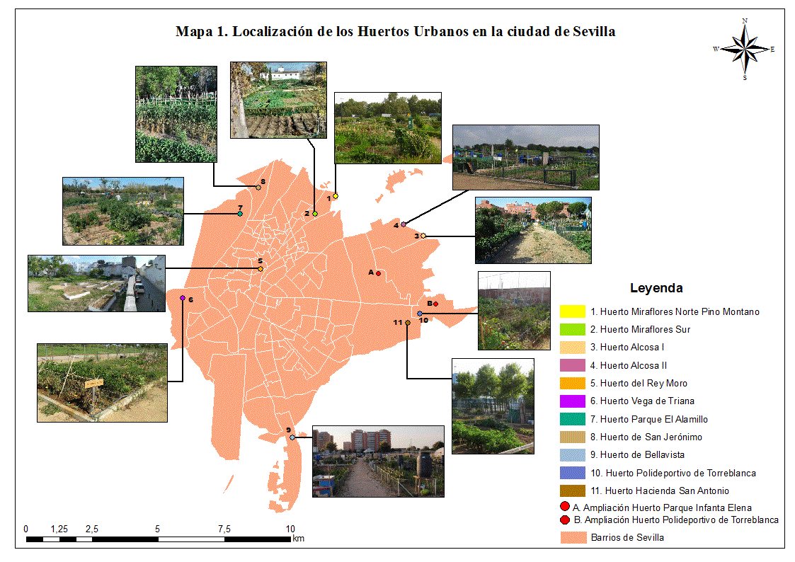 Mapa 1. Localización de los Huertos Urbanos de la ciudad de Sevilla